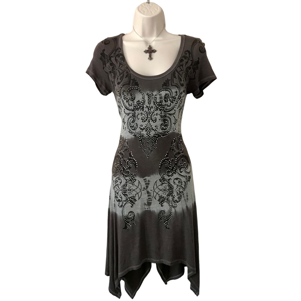 Y2K Vintage Scoop Neck Gray Rhinestone Mall Goth Cyber Punk Dress Size Small